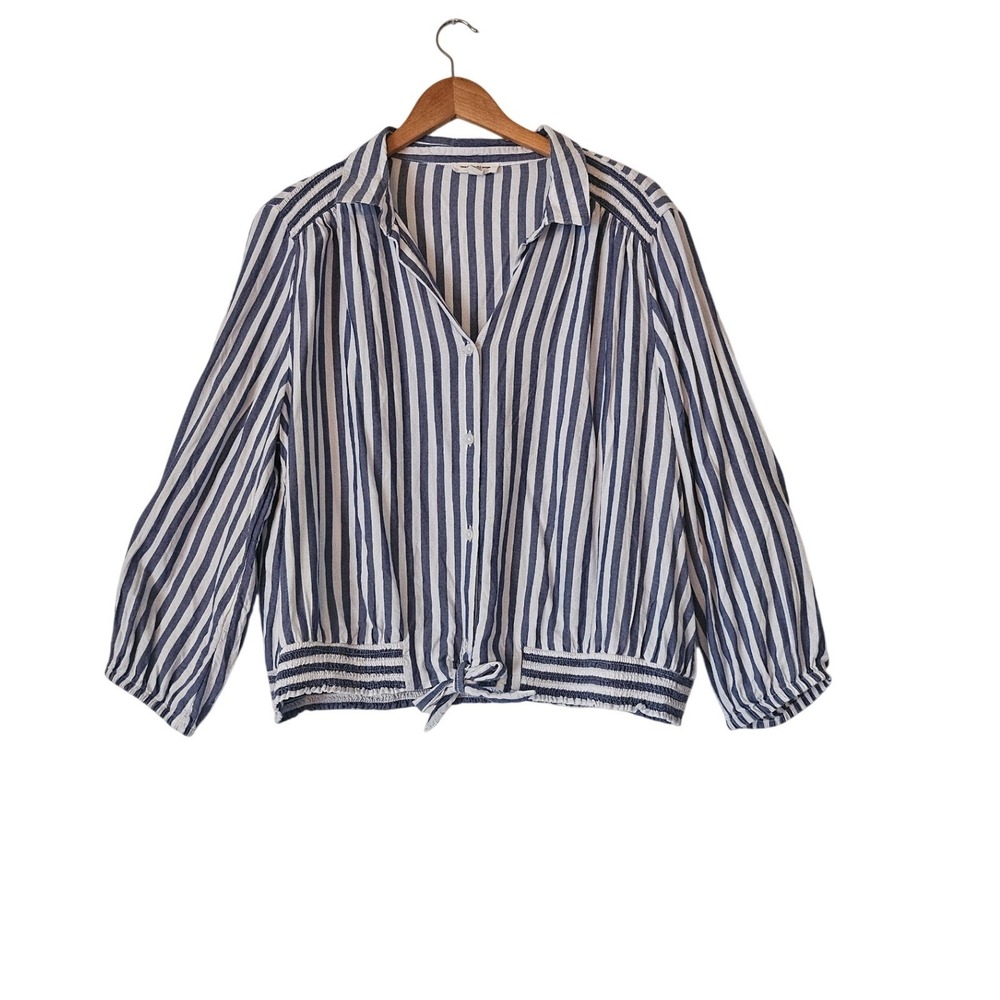 BeachLunchLounge Blue White Stripe Tie Front Blouse XL Coastal Beachy Minimalist